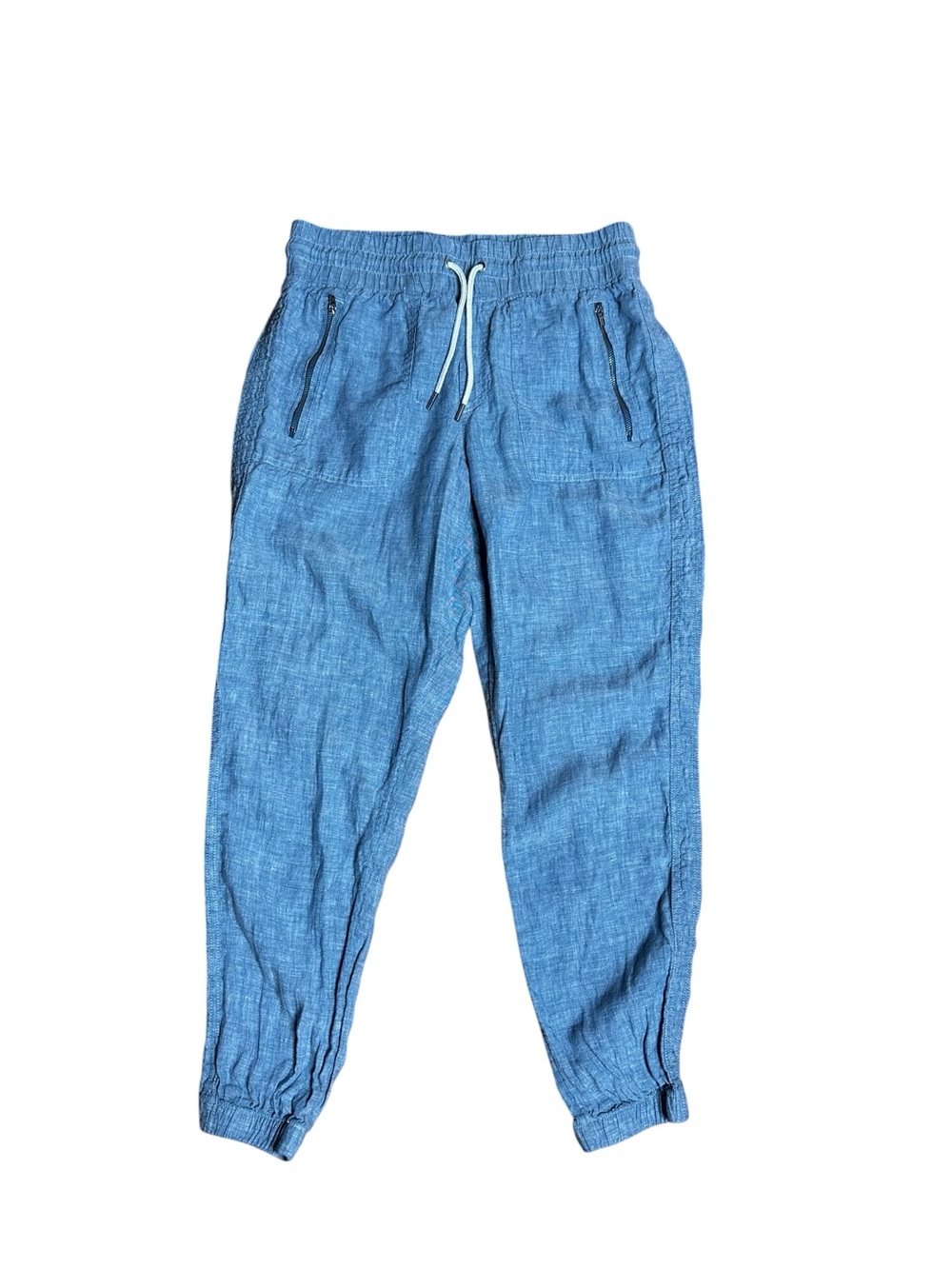 Athleta Cabo 100% Linen Joggers Chambray Blue Zip Pockets Size 6 530642⁠